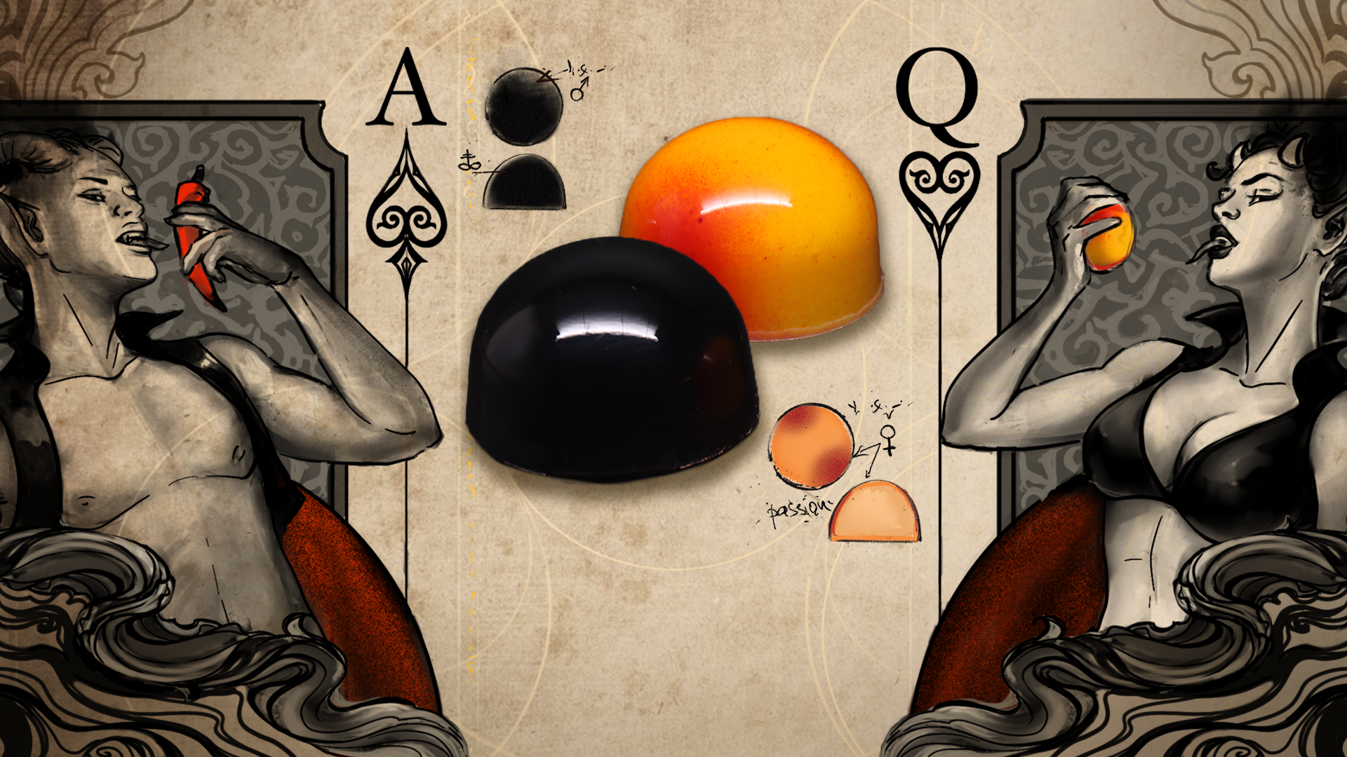 Banner showing a photo black and orange handmade luxury chocolate bonbons with male and female sexy demons drawn in the style of playing ards in the background