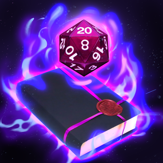 Box of luxury handmade chocolate bonbons by dark desires surrounded by magical lights and a roleplaying games dice