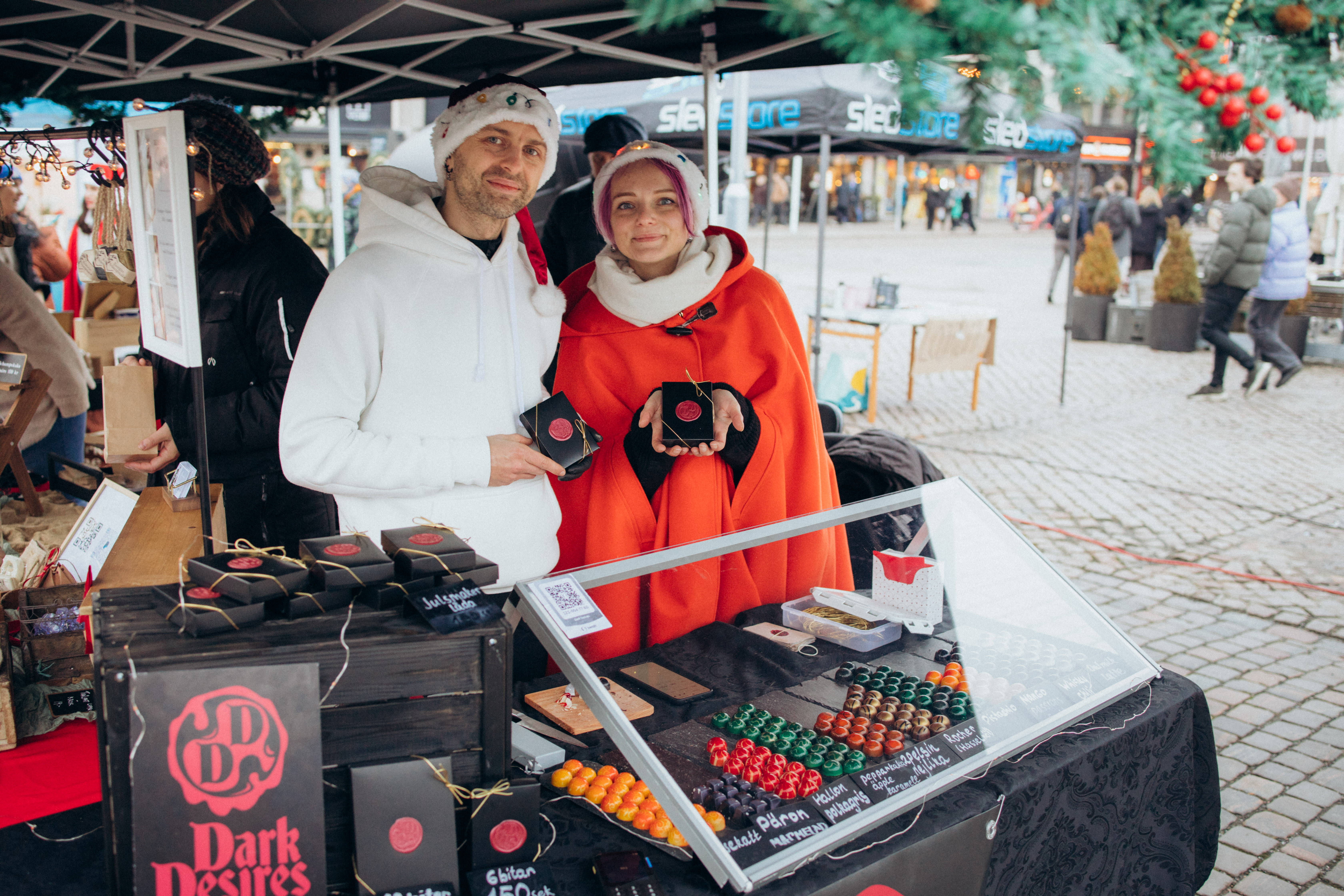 Market stall of dark desires chocolate at vegan market gothenburg
